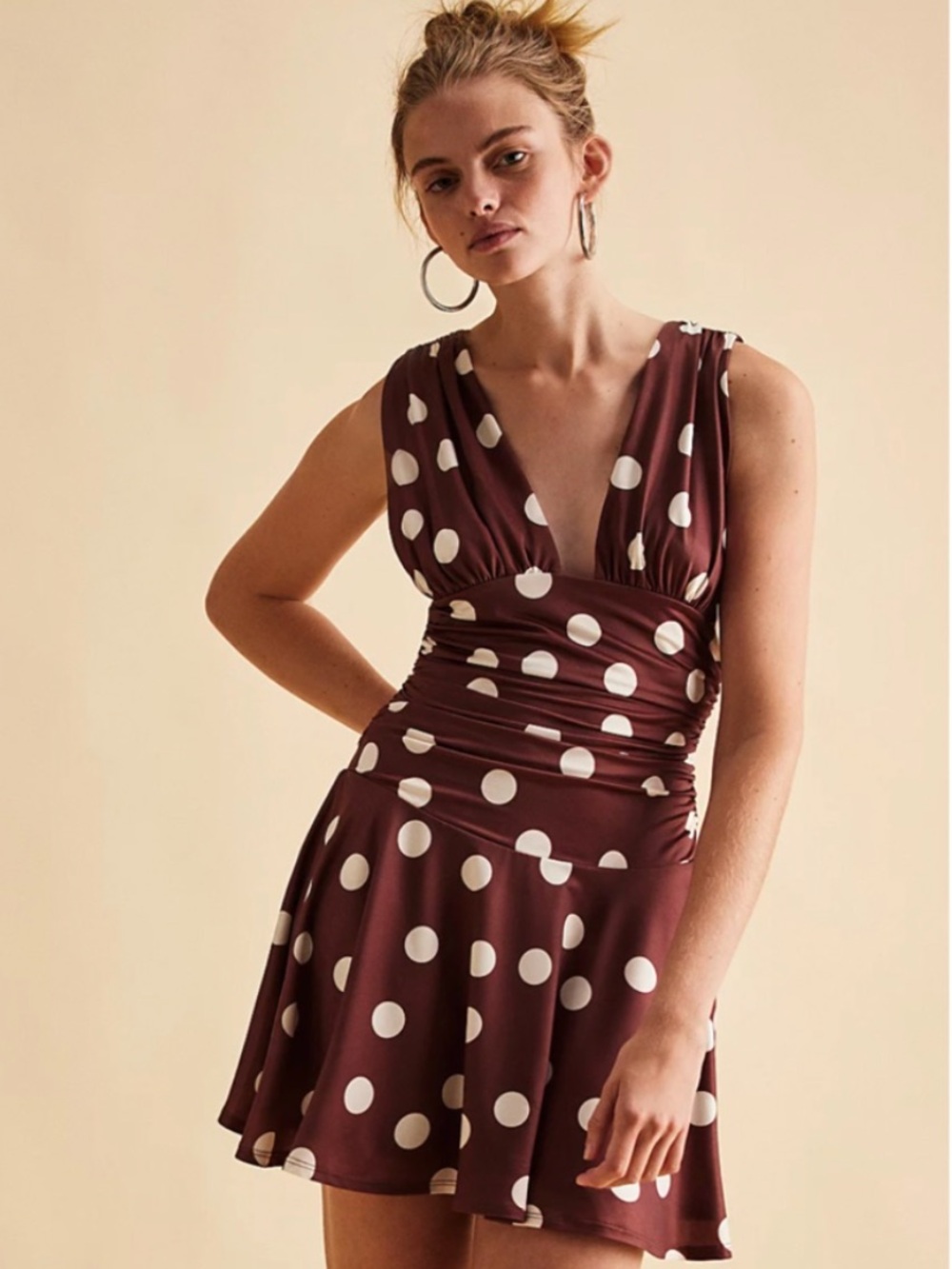 Free People Annabelle Brown Polka Dot V-Neck Mini Dress Feminine Y2K Chic
